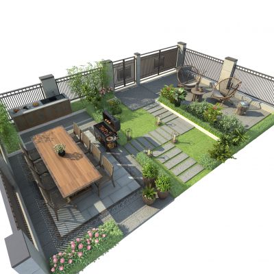 现代户外桌椅组合 私家庭院景观 户外烧烤架 竹编藤椅 户外休闲椅