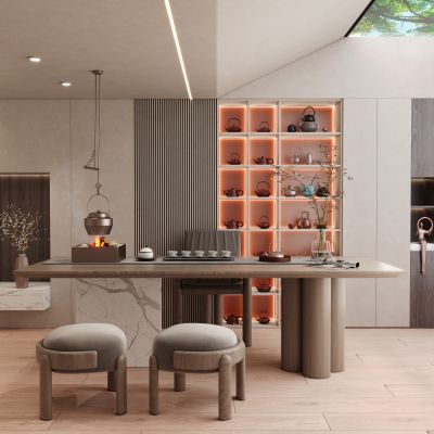 新中式轻奢奶油风斜顶阳光房茶室