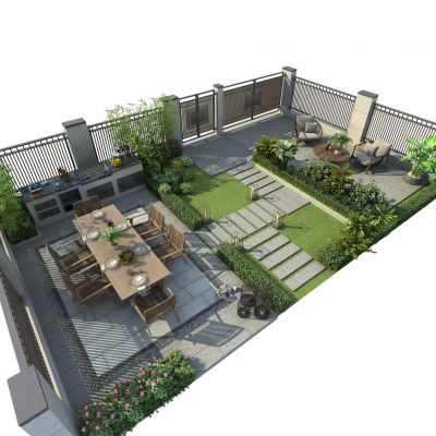 现代户外桌椅组合 私家庭院景观 户外烧烤架 竹编藤椅 户外休闲椅