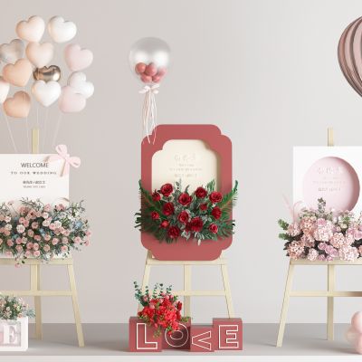 现代婚礼水牌 花艺 花卉 展示牌 导视牌 花艺组合 花艺摆件 水牌