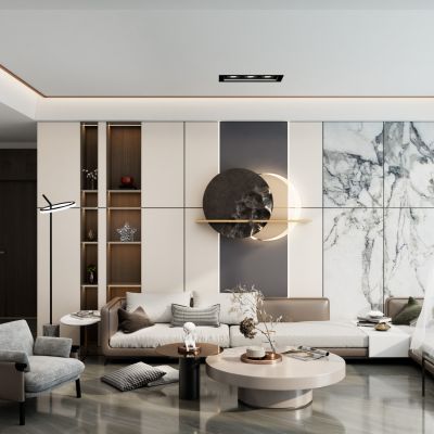 轻奢奶油风岩板客厅沙发墙