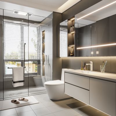 现代卫生间 马桶 浴室柜 洗脸盆 镜子 玻璃隔断