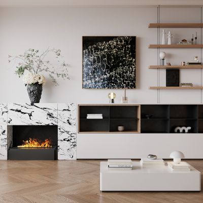 侘寂，现代，壁炉，装饰柜，茶几，装饰画