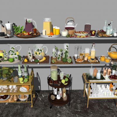  饮料果汁 橙汁饮品 柠檬水 沙棘汁 牛奶咖啡 酒水推车 餐推车 酒瓶蜂蜜