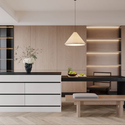 侘寂，现代，餐厅，吧台，水吧，中岛，餐桌椅，餐柜