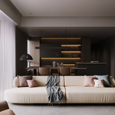 现代轻奢暗黑系客厅，摆件，岛台餐桌一体