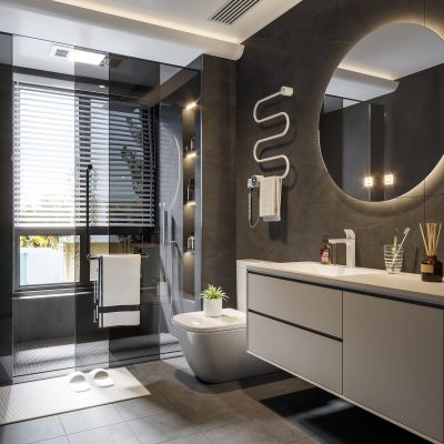 现代卫生间 马桶 浴室柜 洗脸盆 镜子 玻璃隔断