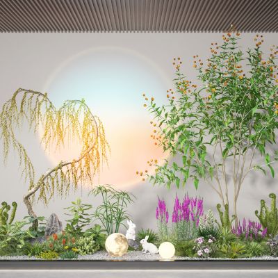 现代植物景观造景 植物堆 小兔雕塑小品 花卉绿植