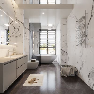 现代卫生间 马桶 浴室柜 洗脸盆 镜子 玻璃隔断 浴缸