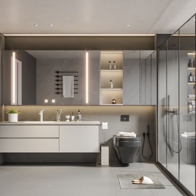 现代卫生间 马桶 浴室柜 洗脸盆 镜子 玻璃隔断