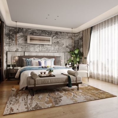 新中式大气主卧，摆件，绿植