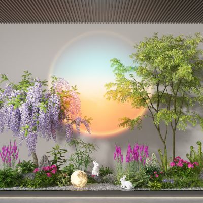 现代植物景观造景 植物堆 小兔雕塑小品 花卉绿植