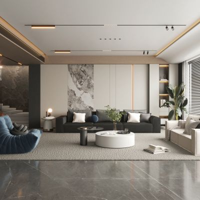 现代客餐厅，豆腐块沙发，毛毛虫，楼梯，沙发背景墙