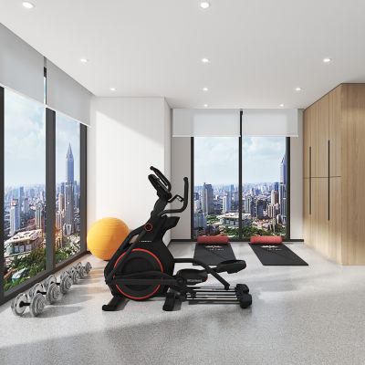 健身区，健身器材，瑜伽垫，瑜伽球