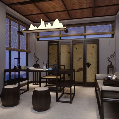 新中式茶室，茶具摆件