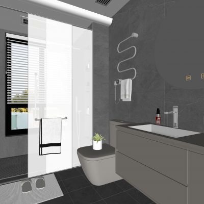 现代卫生间 马桶 浴室柜 洗脸盆 镜子 玻璃隔断