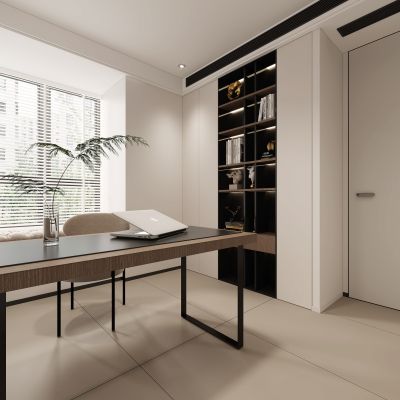 现代书房，书房，书桌，书柜