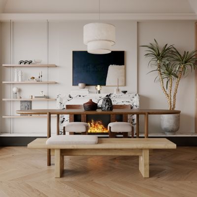 餐厅，侘寂，现代，餐桌椅，吊灯，餐边柜，橱柜，盆栽，壁炉