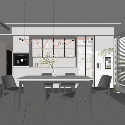现代家居餐厅 餐桌椅组合 酒柜组合 吊灯  饰品SU模型