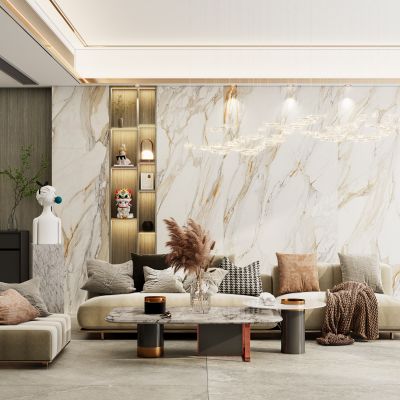 轻奢原木风岩板客厅沙发墙