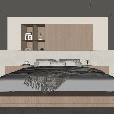 卧室，侘寂，现代，床品组合，台灯，装饰画，盆栽，背景墙,衣柜