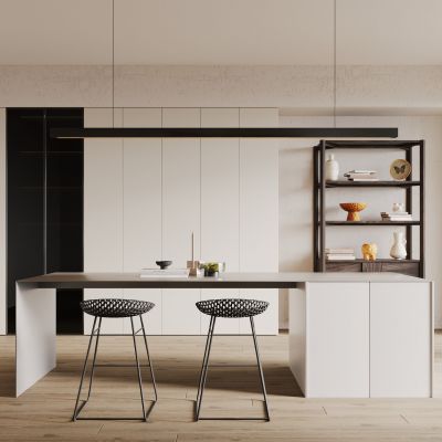 侘寂，现代，餐厅，吧台，水吧，中岛，餐桌椅