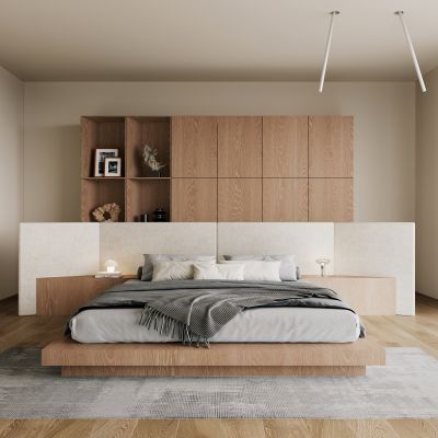 卧室，侘寂，现代，床品组合，台灯，装饰画，盆栽，背景墙,衣柜