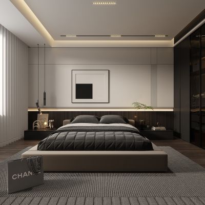 现代卧室，简约卧室，黑白灰卧室，主卧