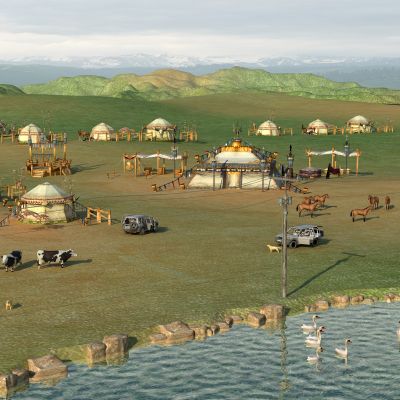 现代草原牧场 蒙古包 奶牛