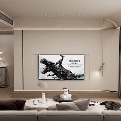 奶油诧寂风圆弧顶客厅电视墙