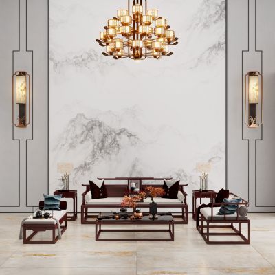 新中式跃层客厅岩板沙发墙