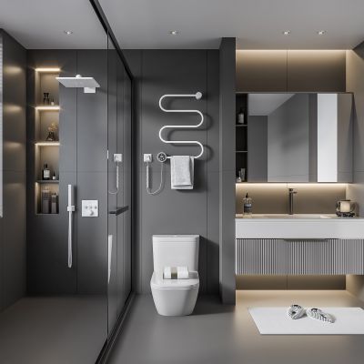 现代卫生间 马桶 浴室柜 洗脸盆 镜柜 玻璃隔断 