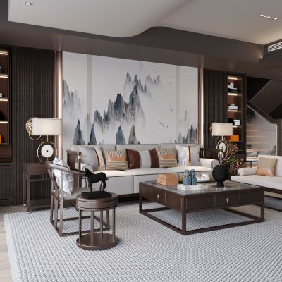 新中式大气客厅，沙发茶几组件，摆件