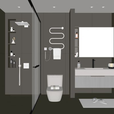 现代卫生间 马桶 浴室柜 洗脸盆 镜柜 玻璃隔断 