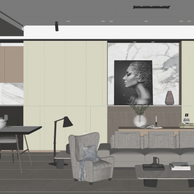 轻奢奶油风客厅开放式厨房