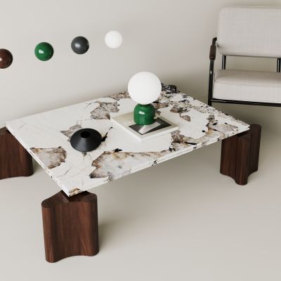 现代，侘寂，茶几，白色石材，木作