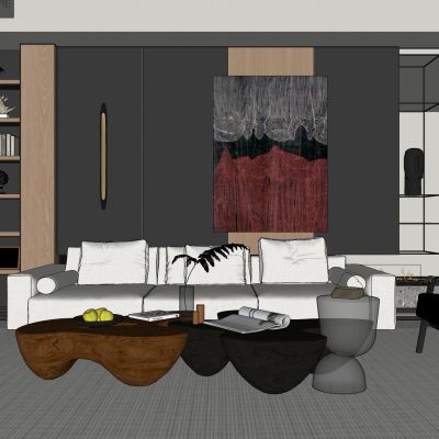 客厅，侘寂，现代，沙发组合，落地灯，盆栽，背景墙，装饰画3D模型
