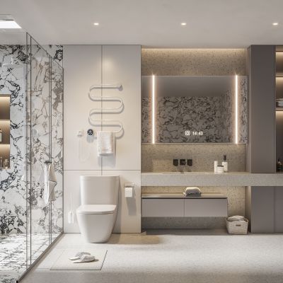 现代卫生间 马桶 浴室柜 洗脸盆 镜柜 玻璃隔断 收纳柜