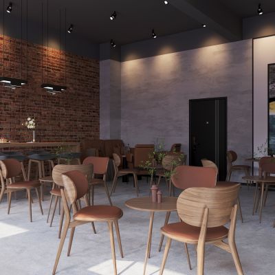 工业风咖啡馆，咖啡店，咖啡厅桌椅，圆桌椅，休闲桌椅，铁网楼梯，高吧台挂画