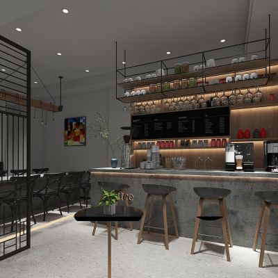 工业风咖啡馆，咖啡店，咖啡厅，前台，服务台，操作台，吧台，屏风隔断，吊架