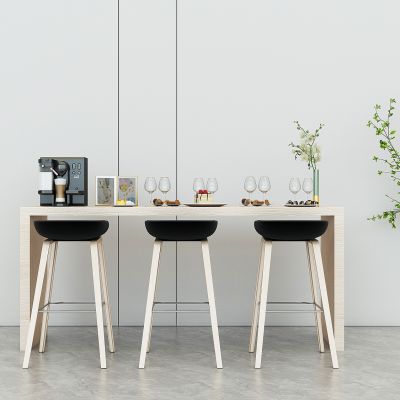 现代咖啡厅咖啡桌椅，高吧台桌椅，吧椅，条桌椅，咖啡机，餐具，食物，摆件