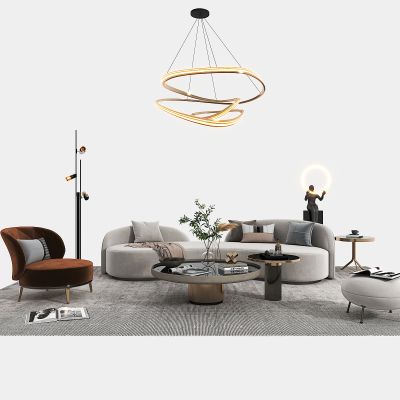 现代沙发茶几组合，弧形三人沙发，茶几，落地灯，休闲椅，吊灯