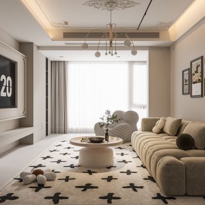 法式客厅 奶油风客厅 沙发组合 茶几组合 饰品摆件 PU线条