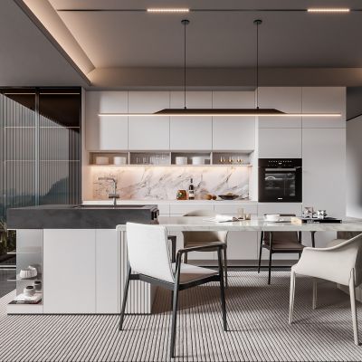 现代家居餐厅 餐桌椅组合 酒柜组合 吊灯 饰品 岛台一体餐桌