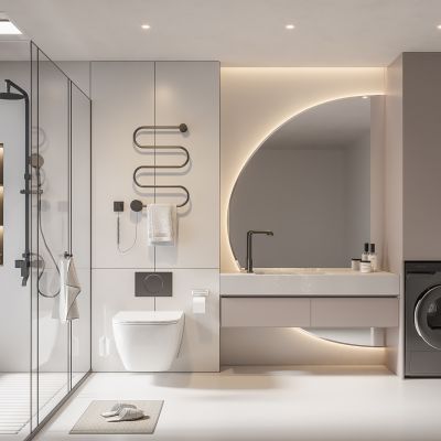 现代卫生间 马桶 浴室柜 洗脸盆 镜柜 玻璃隔断 收纳柜 洗衣机