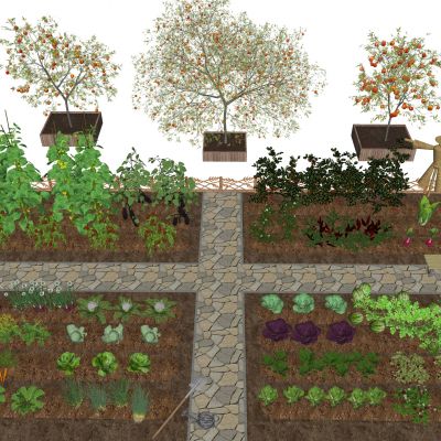 现代菜园 蔬菜园 农作物 蔬菜组合 西瓜 茄子 苹果树 西红柿 白菜