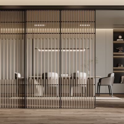 现代格栅玻璃移门 格栅移门 餐桌椅组合