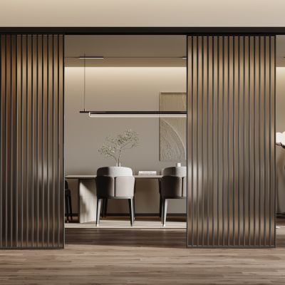 现代格栅玻璃移门 格栅移门 餐桌椅组合