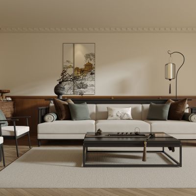 新中式大气家居客厅，摆件，沙发茶几组合