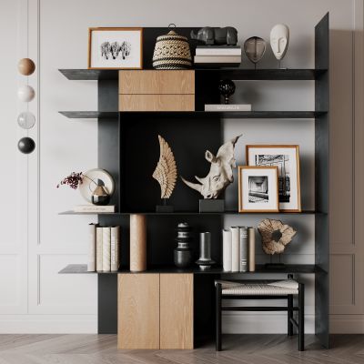 侘寂，黑钢，原木，书柜，装饰柜